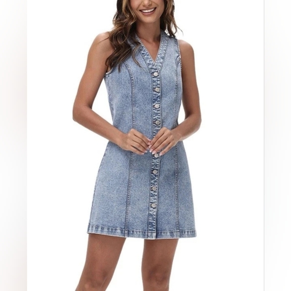 Frye Dresses & Skirts - NWT Frye Light Wash Denim Mini Dress Sleeveless V-Neck Button Front Size XL